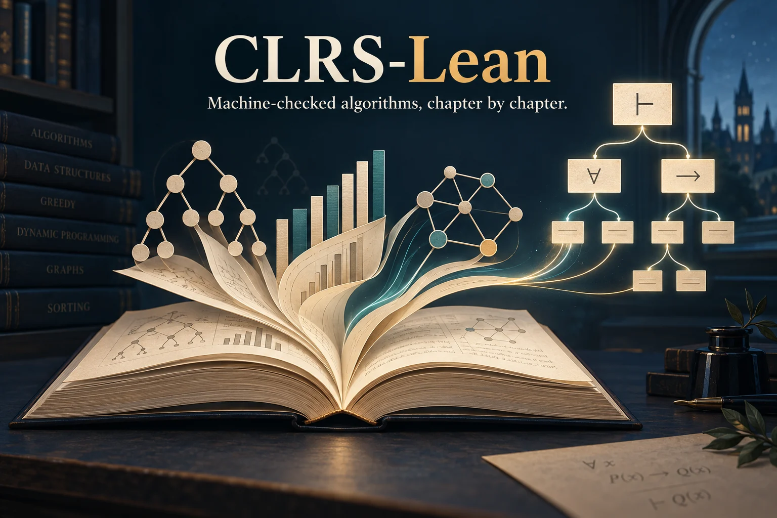 CLRS-Lean: Machine-checked algorithms, chapter by chapter. An open book unfolds into algorithm trees, sorting bars, graphs and a proof tree.